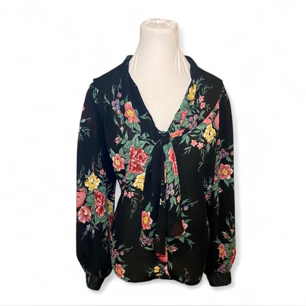 Gianna Vintage Black Floral Chiffon Blouse, Size 12